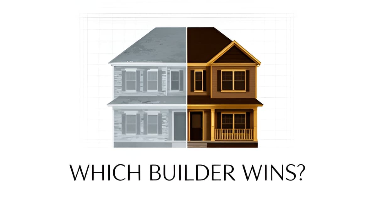 Flat illustration of a house split between worn and remodeled halves with brown and gold accents, headline reading Which Builder Wins.